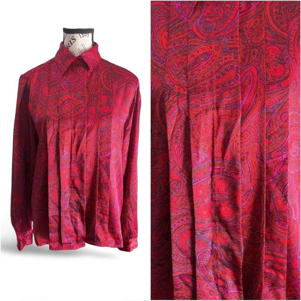 Vintage Marvis Satin Maximalist Paisley Pleated Blouse Red Pink Size 10 medium